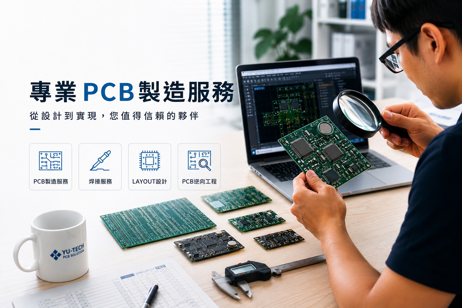 工程師以放大鏡檢視 PCB 樣品